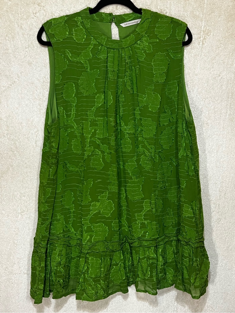 Soft Surroundings XL Green Burnout Floral Tunic Sleeveless Ruffle-Hem Lined
